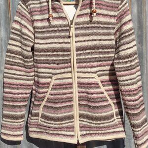 Laundromat Nepal 100% Wool Striped Hooded Sweater Jacket Full Zip Women Medium